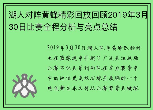湖人对阵黄蜂精彩回放回顾2019年3月30日比赛全程分析与亮点总结