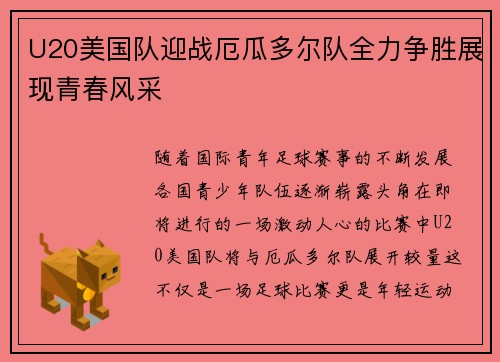 U20美国队迎战厄瓜多尔队全力争胜展现青春风采