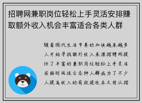 招聘网兼职岗位轻松上手灵活安排赚取额外收入机会丰富适合各类人群
